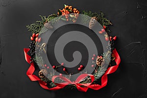 Crown of Christmas tree branches, pine cones, berries, and red slack, on black stone background