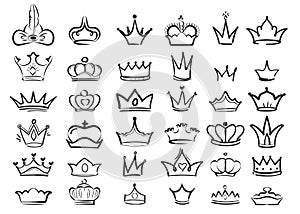 Crown doodles. Imperial king diadem regal symbols majestic sketch vector set