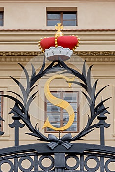 Crown on the entrance to the Salmovsky palace in Prague, Czech