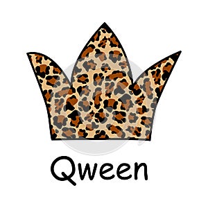 Crown hand drawn with leopard print. Print with imitation of leopard skin for T-shirt, postcard. Design for the fabric