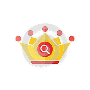 Crown icon with research sign. Authority icon and explore, find, inspect symbol