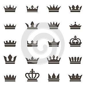 Crown icons. Queen king crowns luxury royal crowning princess tiara heraldic winner award jewel royalty monarch black