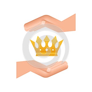 Crown of king hanging over hands isolated on white background. Gold royal icon. Vector stock illustration.
