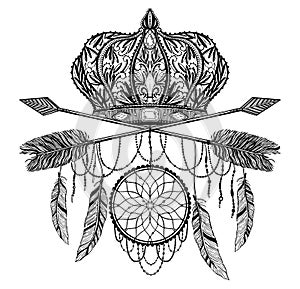 Crown king and queen and arrow cross elegant drawing art. Black color in white background