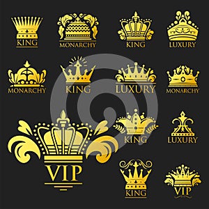 Crown king vintage premium golden badge heraldic ornament luxury kingdomsign vector illustration.