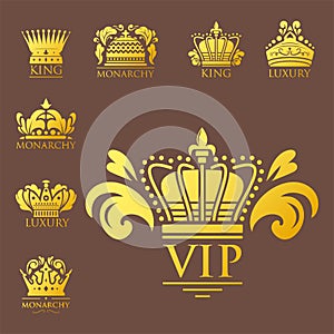 Crown king vintage premium golden badge heraldic ornament luxury kingdomsign vector illustration.