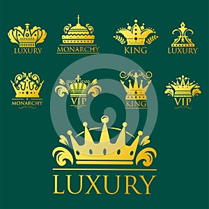 Crown king vintage premium golden badge heraldic ornament luxury kingdomsign vector illustration.