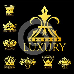 Crown king vintage premium golden badge heraldic ornament luxury kingdomsign vector illustration.