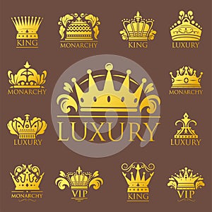 Crown king vintage premium golden badge heraldic ornament luxury kingdomsign vector illustration.