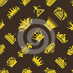 Crown king vintage premium golden yellow badge heraldic icon tiara logo luxury emblem vector seamless pattern.