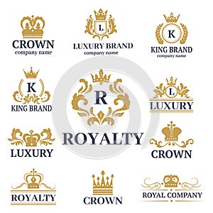 Crown king vintage premium white badge heraldic ornament luxury kingdomsign vector illustration.