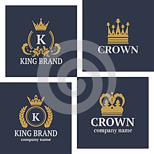 Crown king vintage premium white badge heraldic ornament luxury kingdomsign vector illustration.