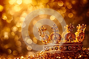 Crown with lots of bling and sparkle set against gold background. Generative AI