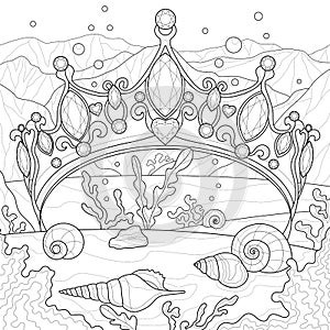 Crown in the ocean.Coloring book antistress for children and adults