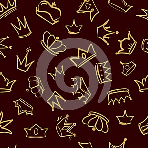 Crown pattern. Textile vector design of golden diadem king crowns vector premium luxury hand drawn seamless background