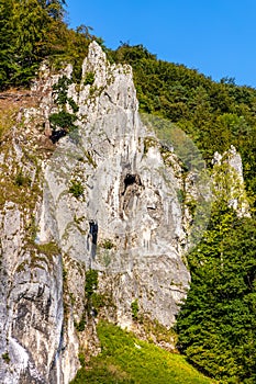 Crown rocks mountain massif with Glove Rock in Pradnik creek valley in Ojcow in Lesser Poland