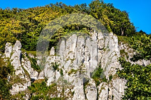 Crown rocks mountain massif with Glove Rock in Pradnik creek valley in Ojcow in Lesser Poland