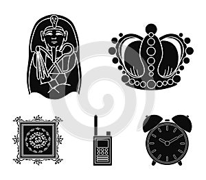 Crown, sarcophagus of the pharaoh, walkie-talkie, picture in the frame.Museum set collection icons in black style vector