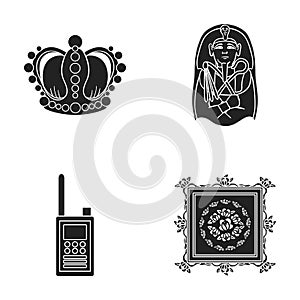 Crown, sarcophagus of the pharaoh, walkie-talkie, picture in the frame.Museum set collection icons in black style vector