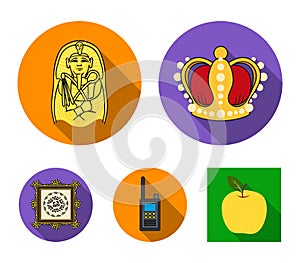 Crown, sarcophagus of the pharaoh, walkie-talkie, picture in the frame.Museum set collection icons in flat style vector