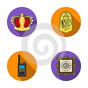 Crown, sarcophagus of the pharaoh, walkie-talkie, picture in the frame.Museum set collection icons in flat style vector