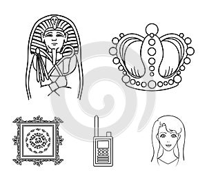 Crown, sarcophagus of the pharaoh, walkie-talkie, picture in the frame.Museum set collection icons in outline style