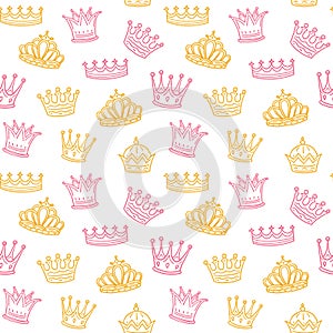 Crown seamless pattern. Golden and pink crowns for princess. Newborn girl vector background