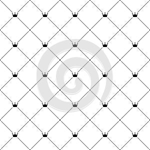 Crown seamless pattern. Repeating royal texture. Black color lattice on white background. Repeated wallpaper for design prints. Cu