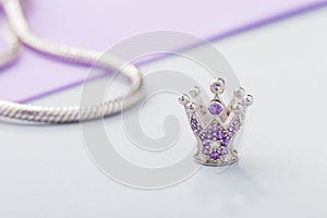 Crown shaped charm bead with purple gems for chain bracelet