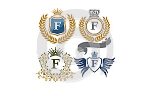 Crown Shield Leaves Ribbon Wings Letter F