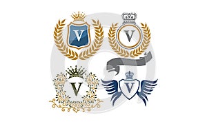 Crown Shield Leaves Ribbon Wings Letter V