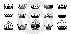Crown silhouette icon set. Collections of queen tiara. Emperor crowns silhouette. King diamond coronation crowning photo