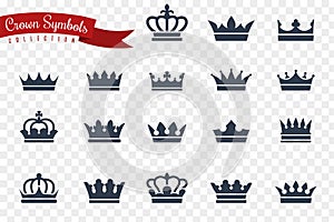 Crown symbols. King queen crowns monarch imperial coronation princess tiara crest luxury royal jewel winner award flat