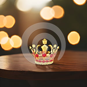 A crown on a table, light bulbs flickering in the background.