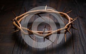 Crown of thorns on black wooden background. Christian symbol