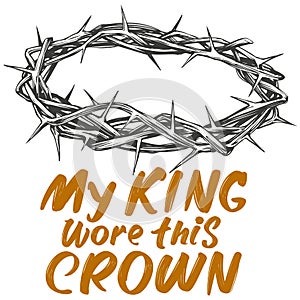 Crown of thorns and calligraphic text logo, easter religious symbol of Christianity hand drawn vector illustration