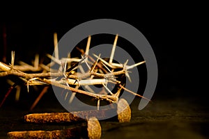 Crown of thorns and nails symbols of the Christian crucifixion in Easter