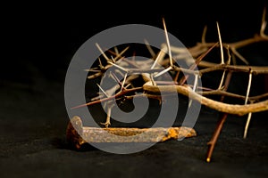 Crown of thorns and nails symbols of the Christian crucifixion in Easter