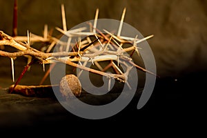 Crown of thorns and nails symbols of the Christian crucifixion in Easter