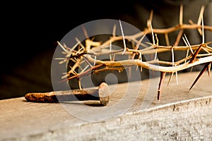 Crown of thorns and nails symbols of the Christian crucifixion in Easter