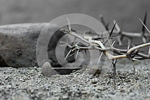 Crown of thorns and nails symbols of the Christian crucifixion in Easter