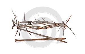 Crown of thorns and nails on white background. Easter attributes