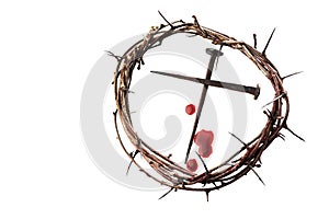 Crown of thorns with nails on white background. Easter background. Jesus Christ.