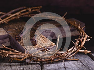 Crown of Thorns and Nails on a Wooden Cross