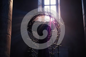 Crown Of Thorns And Purple Robe Hanging On Nail In Stone Wall With Light Rays - Of Jesus Christ. Generative AI