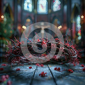 Crown of Thorns with Red Flowers on Wooden Surface