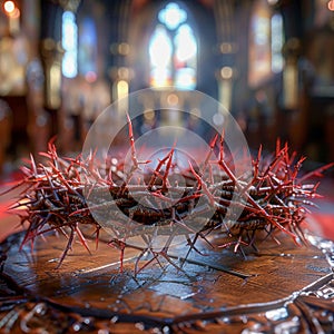 Crown of Thorns with Red Flowers on Wooden Surface