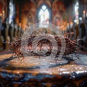 Crown of Thorns with Red Flowers on Wooden Surface