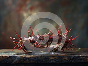 Crown of Thorns with Red Flowers on Wooden Surface