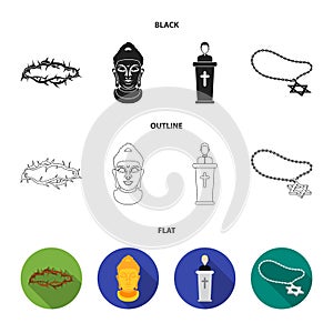 A crown of thorns, a star of David, a priest, a buddha head. Religion set collection icons in black,flat,outline style